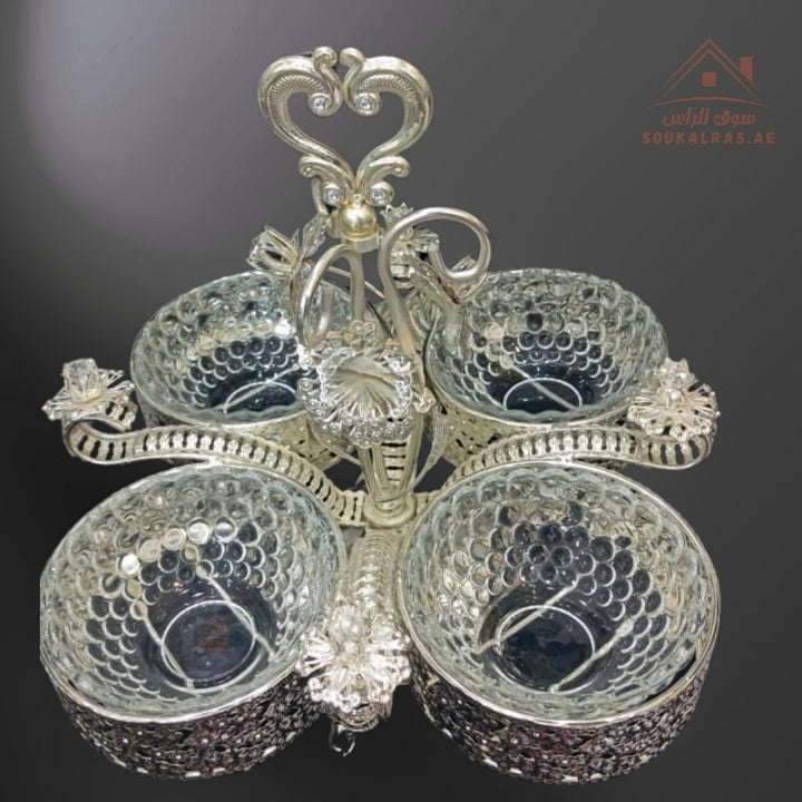 Luxury 4 - Bowl Serving Dish with Crystal Knob | Elegant Design Luxurious gold or silver finish for a royal touch | Ideal for Nuts & Desserts - Souk Al Ras