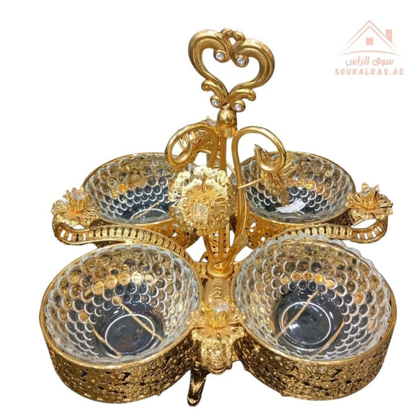 Luxury 4 - Bowl Serving Dish with Crystal Knob | Elegant Design Luxurious gold or silver finish for a royal touch | Ideal for Nuts & Desserts - Souk Al Ras