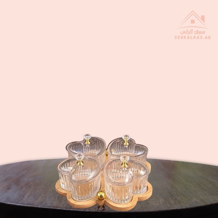 Luxury 4 - Section Heart Serving Dish | Glass Bowls with Wooden Base & Crystal Knobs | Ideal for Nuts & Desserts - Souk Al Ras