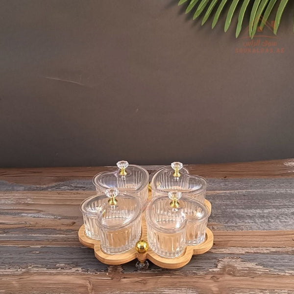 Luxury 4 - Section Heart Serving Dish | Glass Bowls with Wooden Base & Crystal Knobs | Ideal for Nuts & Desserts - Souk Al Ras