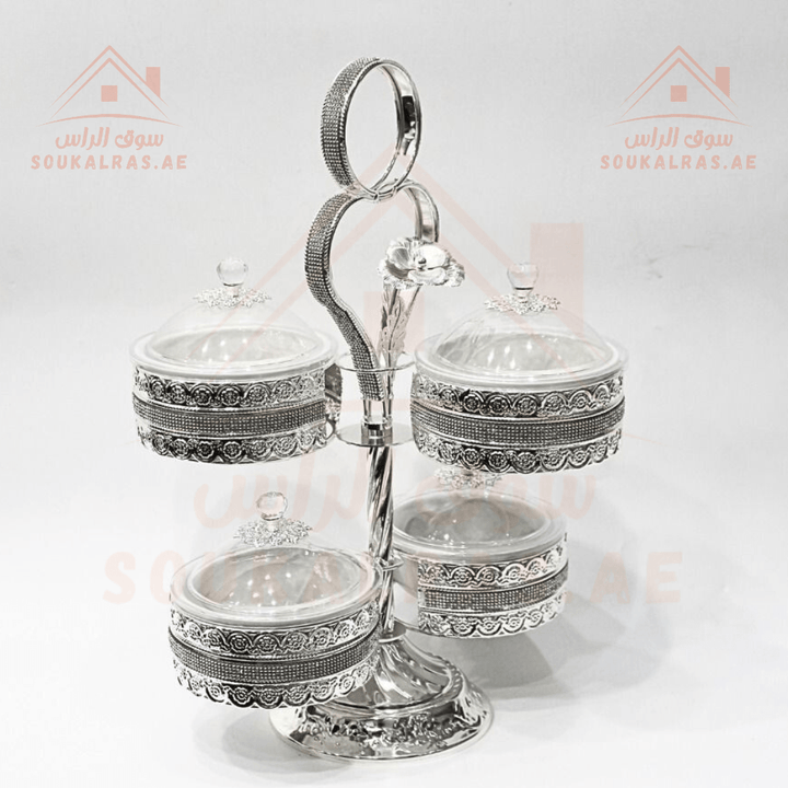 Luxury 4 - Section Serving Dish with Crystal Knob | Elegant Design | Ideal for Nuts & Desserts - Souk Al RasServing Dishes Trays & Platters