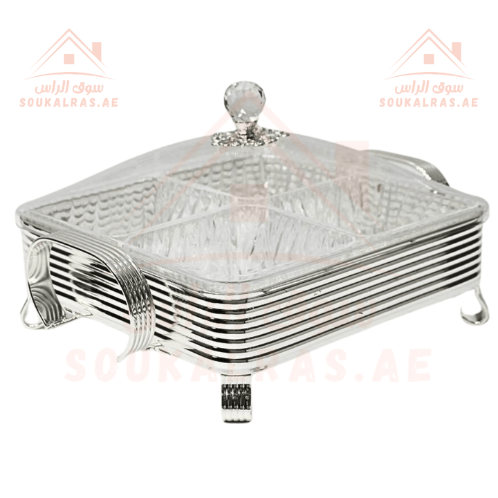 Luxury 4 - Section Serving Dish with Crystal Knob | Elegant Food Serving Premium Design | Ideal for Sweets & Dry Fruits - Souk Al RasServing Trays