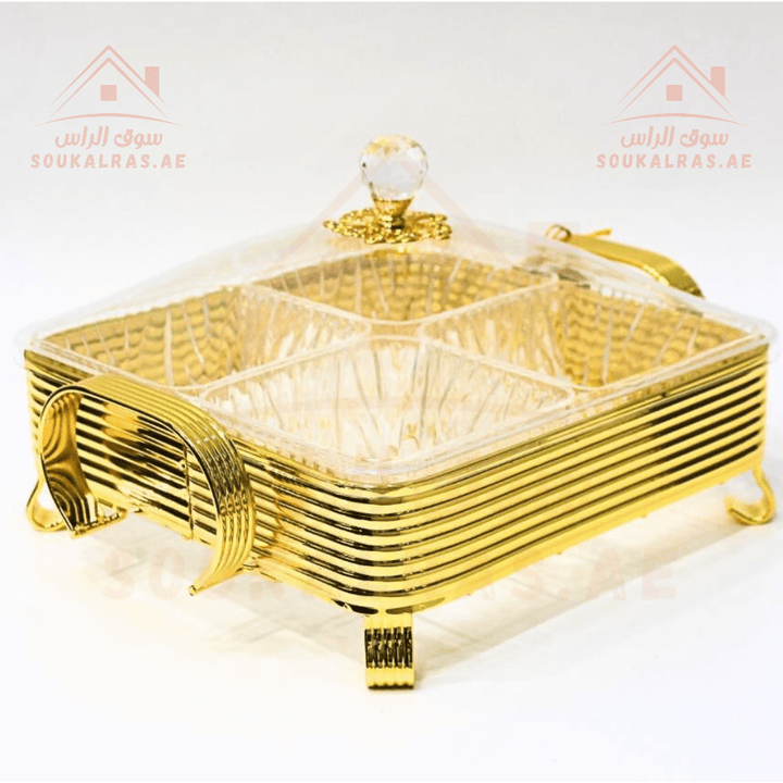 Luxury 4 - Section Serving Dish with Crystal Knob | Elegant Food Serving Premium Design | Ideal for Sweets & Dry Fruits - Souk Al RasServing Trays