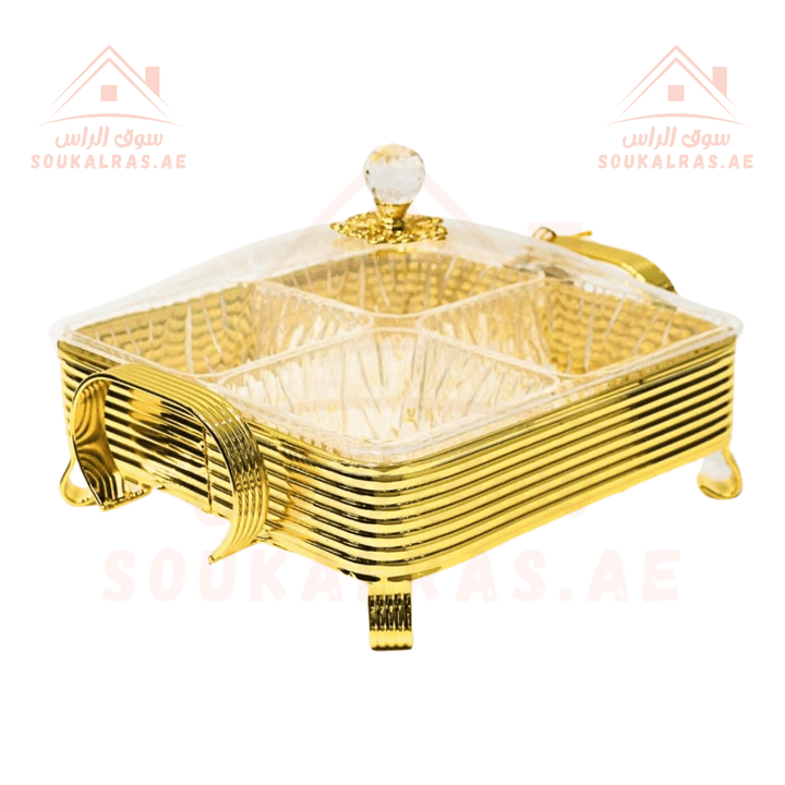 Luxury 4 - Section Serving Dish with Crystal Knob | Elegant Food Serving Premium Design | Ideal for Sweets & Dry Fruits - Souk Al RasServing Trays