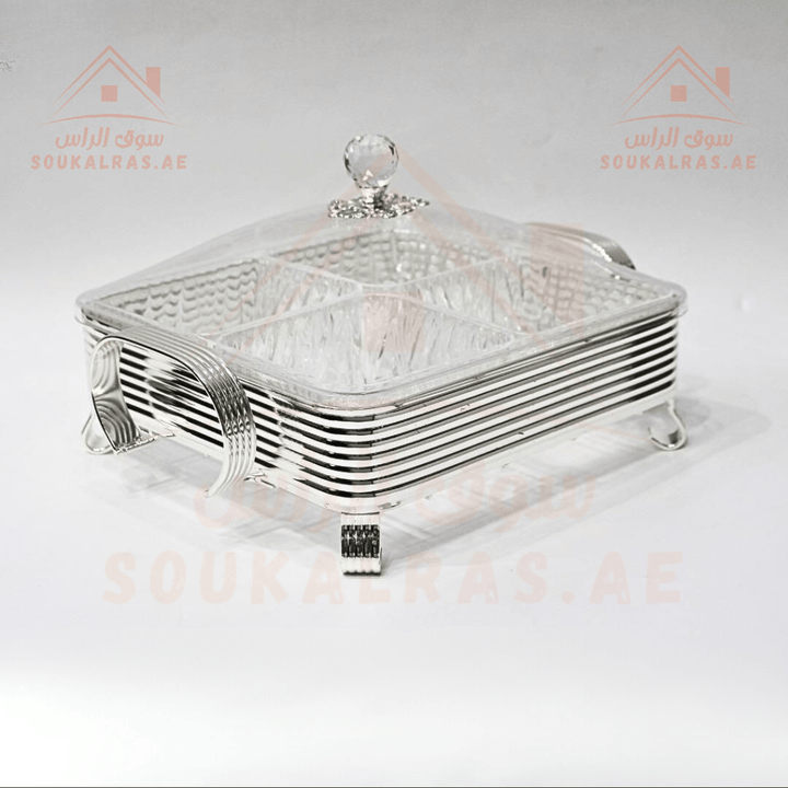 Luxury 4 - Section Serving Dish with Crystal Knob | Elegant Food Serving Premium Design | Ideal for Sweets & Dry Fruits - Souk Al RasServing Trays