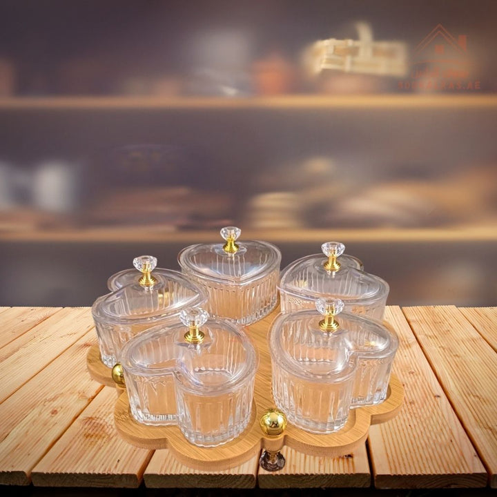 Luxury 5 - Section Heart Serving Dish | Glass Bowls with Wooden Base & Crystal Knobs | Elegant Design for Nuts & Desserts | Easy to clean and durable for daily use - Souk Al Ras