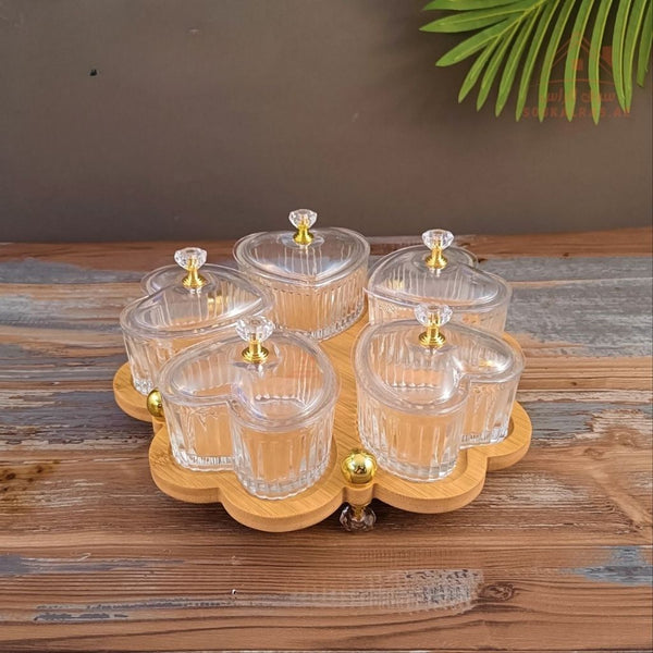 Luxury 5 - Section Heart Serving Dish | Glass Bowls with Wooden Base & Crystal Knobs | Elegant Design for Nuts & Desserts | Easy to clean and durable for daily use - Souk Al Ras