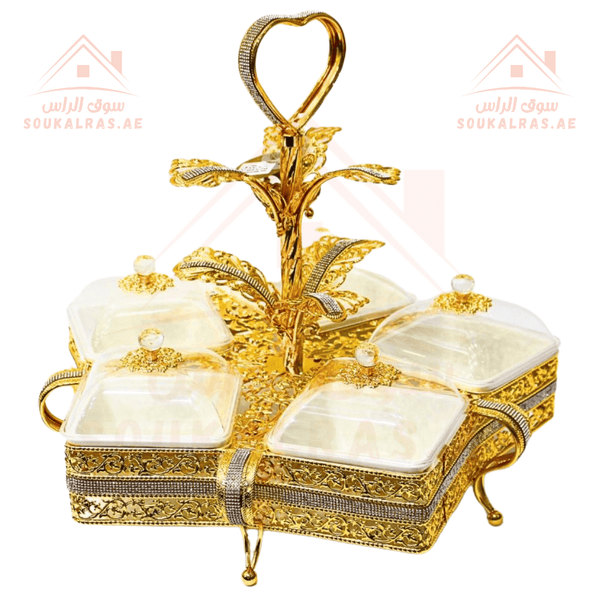 Luxury 5 - Section Serving Dish | Gold & Silver Finish | Elegant Design a heart - shaped handle | Perfect for Dates & Sweets - Souk Al RasServing Dishes Trays & Platters