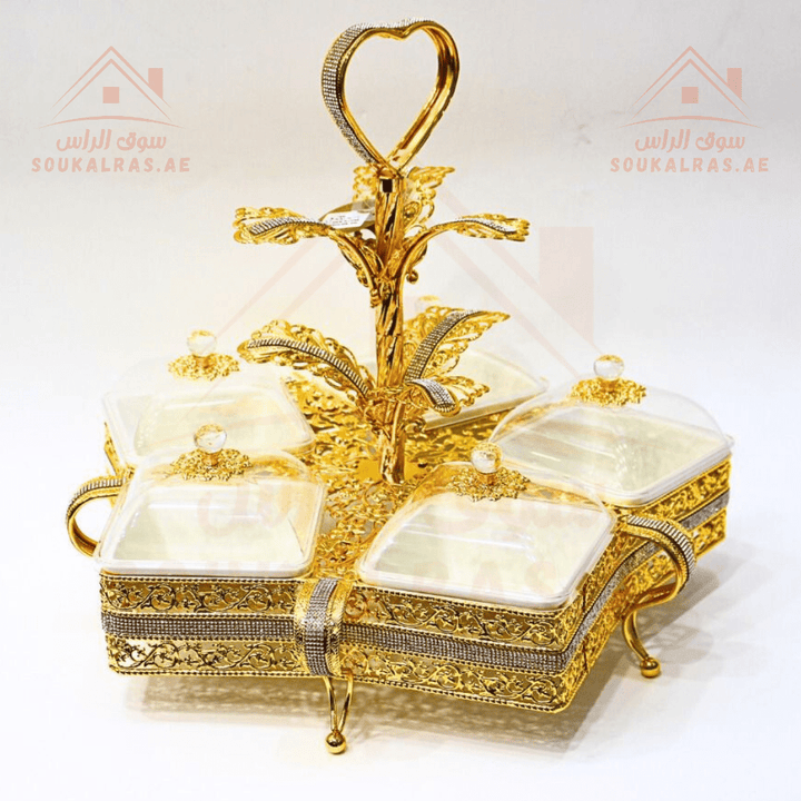 Luxury 5 - Section Serving Dish | Gold & Silver Finish | Elegant Design a heart - shaped handle | Perfect for Dates & Sweets - Souk Al RasServing Dishes Trays & Platters