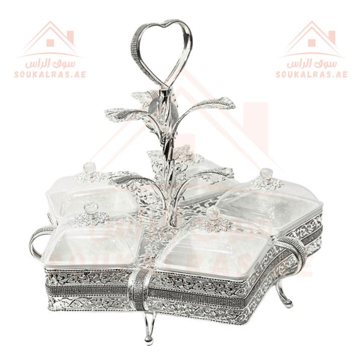 Luxury 5 - Section Serving Dish | Gold & Silver Finish | Elegant Design a heart - shaped handle | Perfect for Dates & Sweets - Souk Al RasServing Dishes Trays & Platters