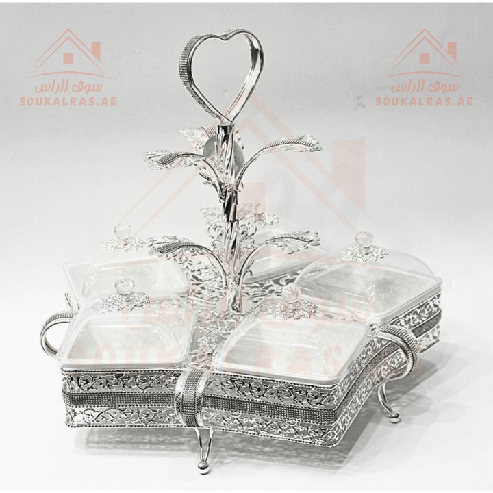 Luxury 5 - Section Serving Dish | Gold & Silver Finish | Elegant Design a heart - shaped handle | Perfect for Dates & Sweets - Souk Al RasServing Dishes Trays & Platters