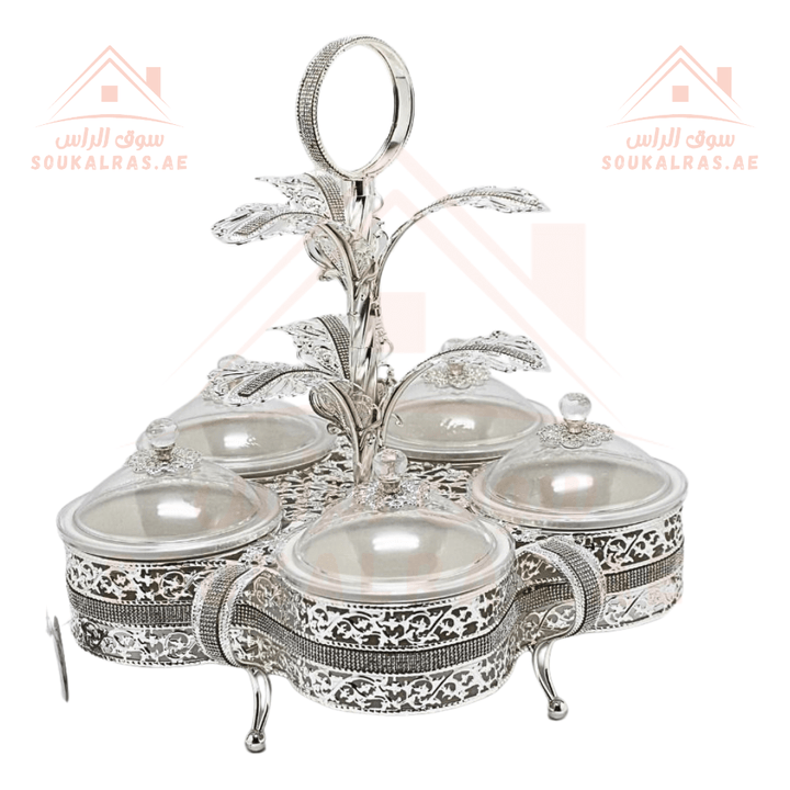 Luxury 5 - Section Serving Dish | Gold & Silver Finish | Eligant design with ring - shaped handle | Perfect for Dates & Sweets - Souk Al RasServing Dishes Trays & Platters