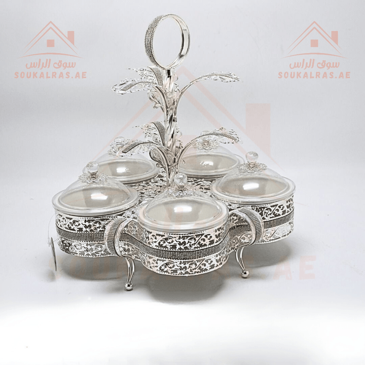 Luxury 5 - Section Serving Dish | Gold & Silver Finish | Eligant design with ring - shaped handle | Perfect for Dates & Sweets - Souk Al RasServing Dishes Trays & Platters