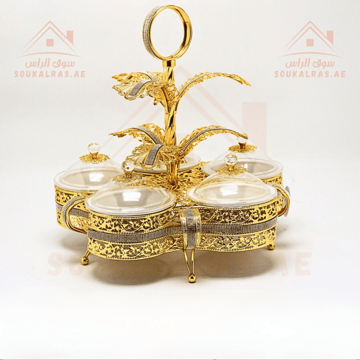 Luxury 5 - Section Serving Dish | Gold & Silver Finish | Eligant design with ring - shaped handle | Perfect for Dates & Sweets - Souk Al RasServing Dishes Trays & Platters