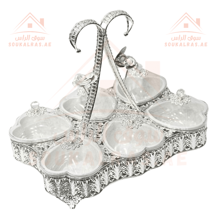 Luxury 6 - Heart Section Serving Dish with Crystal Knob | Elegant Design | Ideal for Nuts & Desserts - Souk Al RasServing Trays