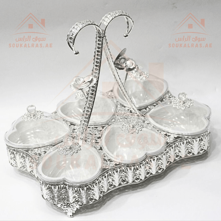 Luxury 6 - Heart Section Serving Dish with Crystal Knob | Elegant Design | Ideal for Nuts & Desserts - Souk Al RasServing Trays