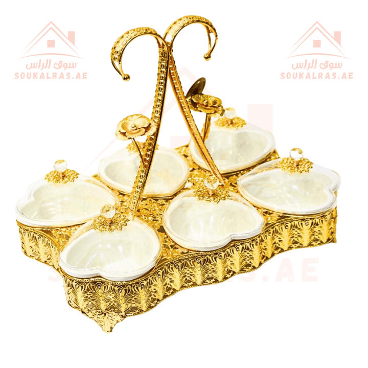 Luxury 6 - Heart Section Serving Dish with Crystal Knob | Elegant Design | Ideal for Nuts & Desserts - Souk Al RasServing Trays