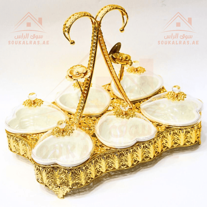 Luxury 6 - Heart Section Serving Dish with Crystal Knob | Elegant Design | Ideal for Nuts & Desserts - Souk Al RasServing Trays