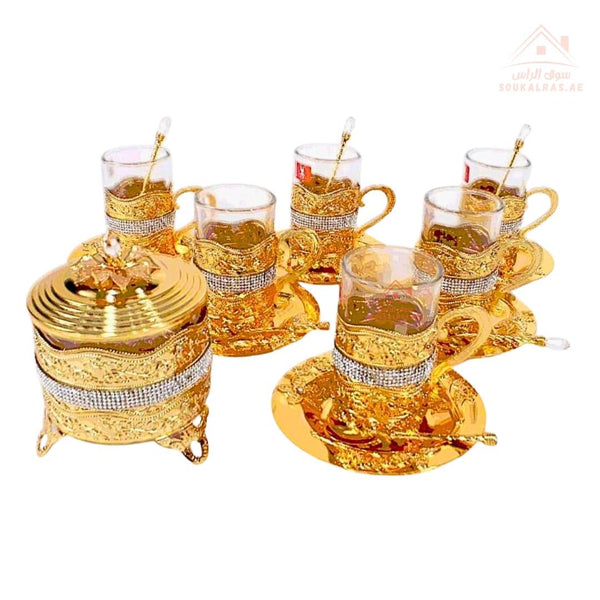 Luxury 6 - Piece Tea Glass Set | Golden Ottoman Style Cups with Tray, Spoons & Sugar Pot | Elegant Serving Set for Guests - Souk Al Ras