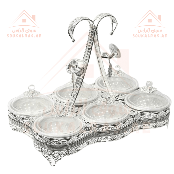 Luxury 6 - Round Section Serving Dish with Crystal Knob | Elegant Design | Ideal for Nuts & Desserts | Perfect for Special Occasions - Souk Al RasServing Dishes Trays & Platters