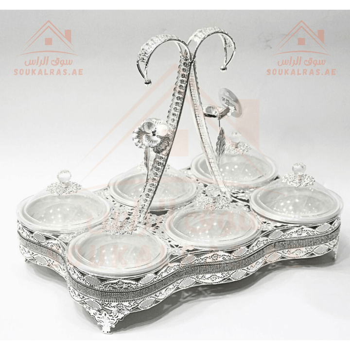 Luxury 6 - Round Section Serving Dish with Crystal Knob | Elegant Design | Ideal for Nuts & Desserts | Perfect for Special Occasions - Souk Al RasServing Dishes Trays & Platters