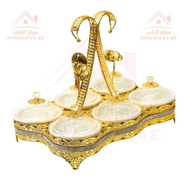 Luxury 6 - Round Section Serving Dish with Crystal Knob | Elegant Design | Ideal for Nuts & Desserts | Perfect for Special Occasions - Souk Al RasServing Dishes Trays & Platters