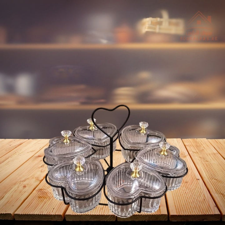 Luxury 6 - Section Heart Glass Serving Dish with Metal Stand | Elegant Design with Crystal Knobs | Ideal for Nuts & Desserts | Easy to clean and beautifully designed - Souk Al Ras