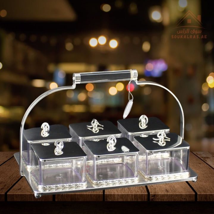 Luxury 6 - Section Serving Box with Handle | Elegant Storage Jars| Ideal for majlis, weddings, Ramadan, and festive gatherings - Souk Al Ras