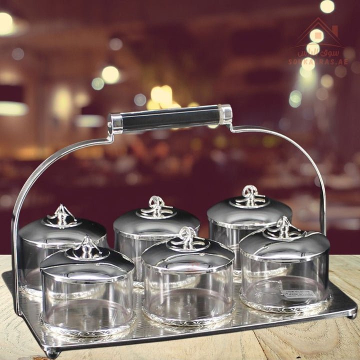 Luxury 6 - Section Serving Box with Handle | Elegant Storage Jars| Ideal for majlis, weddings, Ramadan, and festive gatherings - Souk Al Ras