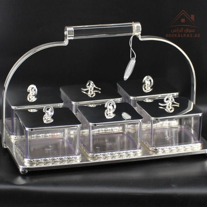 Luxury 6 - Section Serving Box with Handle | Elegant Storage Jars| Ideal for majlis, weddings, Ramadan, and festive gatherings - Souk Al Ras