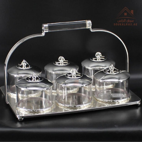 Luxury 6 - Section Serving Box with Handle | Elegant Storage Jars| Ideal for majlis, weddings, Ramadan, and festive gatherings - Souk Al Ras