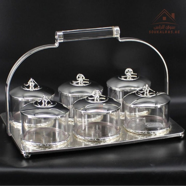 Luxury 6 - Section Serving Box with Handle | Elegant Storage Jars| Ideal for majlis, weddings, Ramadan, and festive gatherings - Souk Al Ras