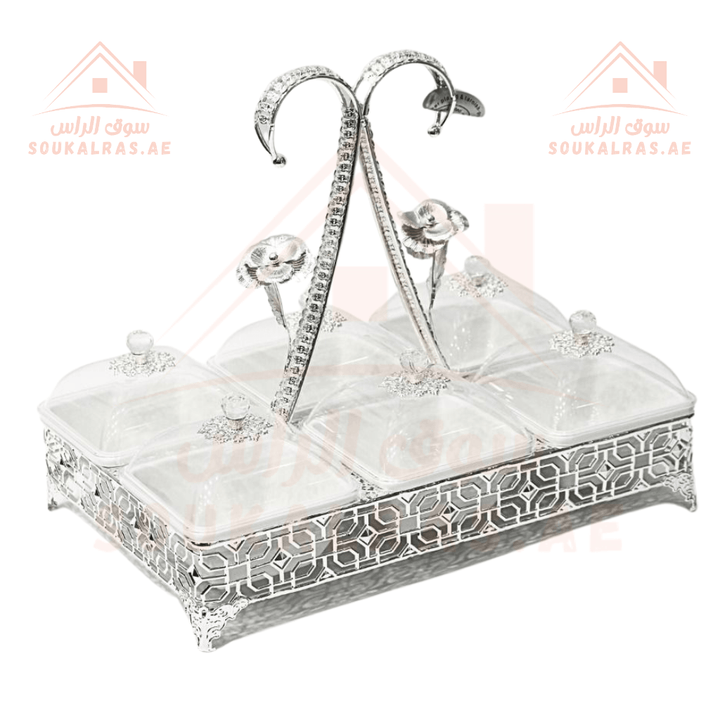 Luxury 6 - Square Section Serving Dish with Crystal Knob | Elegant Design | Ideal for Nuts & Desserts - Souk Al RasServing Trays