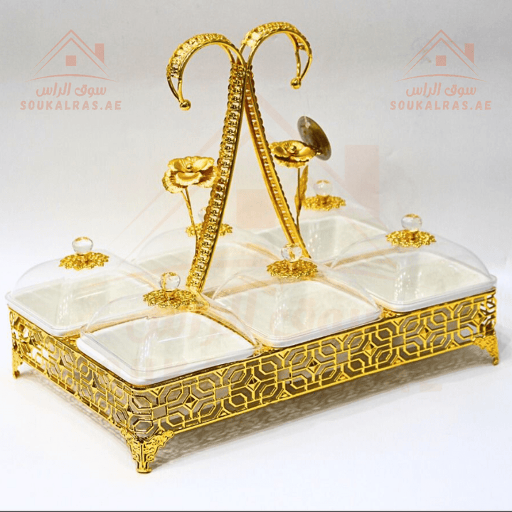 Luxury 6 - Square Section Serving Dish with Crystal Knob | Elegant Design | Ideal for Nuts & Desserts - Souk Al RasServing Trays