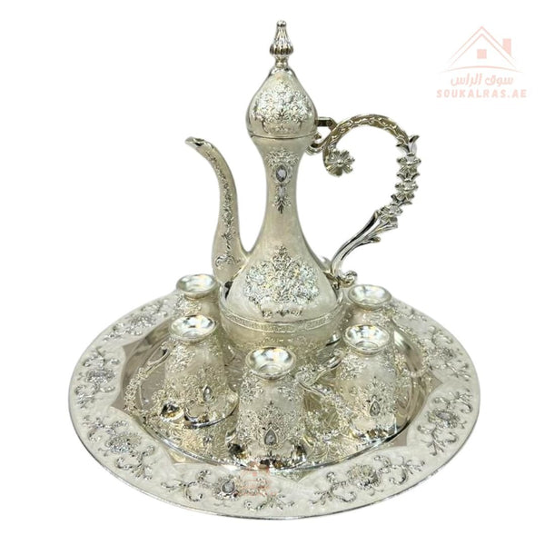 Luxury 8 - Piece Arabic Coffee Set | Silver Dallah Pot with Cups & Tray | Ornate Majlis Gift Set - Souk Al Ras