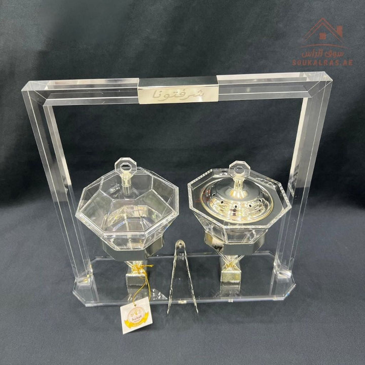 Luxury Acrylic Bakhoor Burner & Sweets Box Set – Premium 2 - Piece Incense Burner with Clear Display Stand | Elegant Home & Majlis Serving Set | Multiple Colors - Souk Al Ras