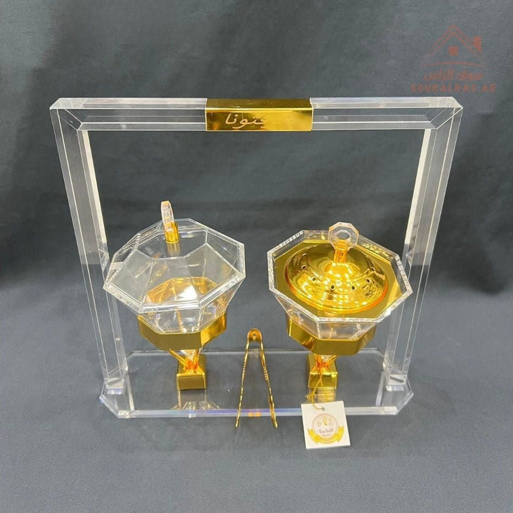 Luxury Acrylic Bakhoor Burner & Sweets Box Set – Premium 2 - Piece Incense Burner with Clear Display Stand | Elegant Home & Majlis Serving Set | Multiple Colors - Souk Al Ras