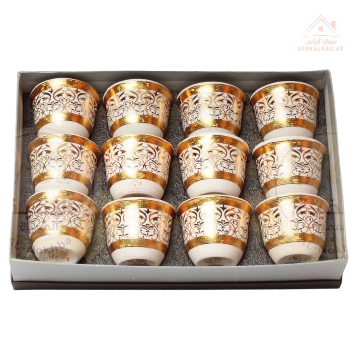 Luxury Arabic Coffee Cup Set – 12 Pieces with Elegant Golden Finish & Classic Arabic Motifs | Perfect for Majlis & Special Occasions - Souk Al Ras