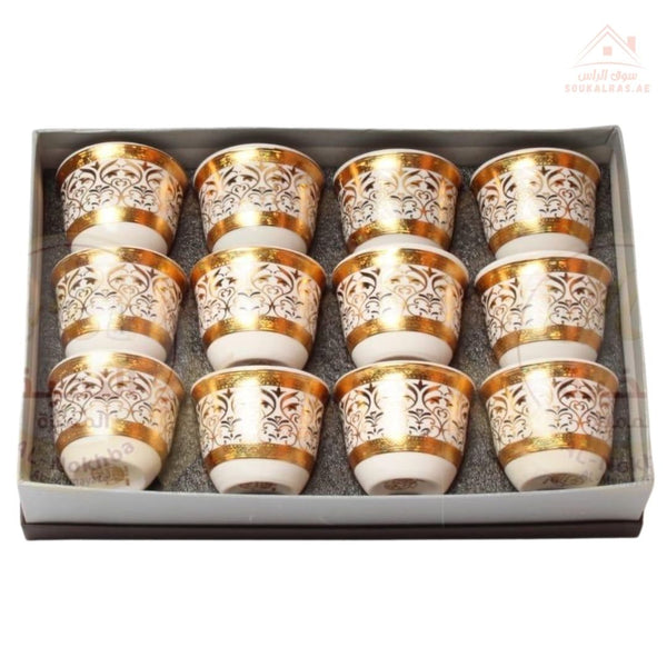Luxury Arabic Coffee Cup Set – 12 Pieces with Elegant Golden Finish & Classic Arabic Motifs | Perfect for Majlis & Special Occasions - Souk Al Ras