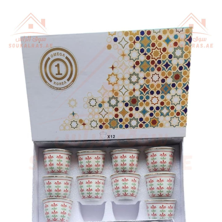 Luxury Arabic Coffee Cups Set of 12 | 120 ml Traditional Gold & Floral Design | Premium Gahwa Cups for Serving Arabic Coffee | Elegant Gift Packaging. - Souk Al Ras