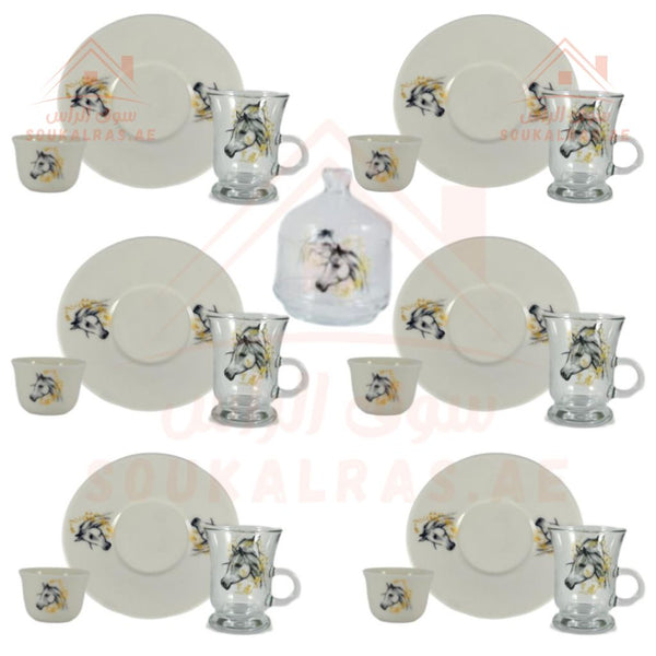 Luxury Arabic Coffee & Tea Set 6 Arabic coffee cups (Cawa cups), 6 glass tea cups with matching saucers, and 1 decorative sugar pot with a lid.| Elegant Glass & Porcelain Cups with Serving Dish . - Souk Al Ras
