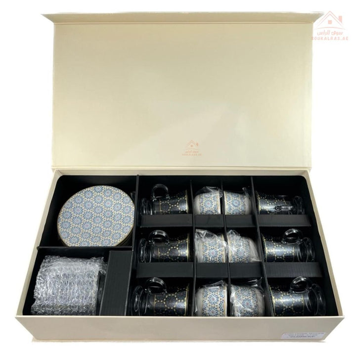 Luxury Arabic Tea and Coffee Set of 18 Pieces (6 Arabic Coffee Cups - 6 Tea Cups - 6 Saucers - Decorated Sugar Bowl) | Elegant Golden Touches | Distinctive Serving Set - Souk Al Ras