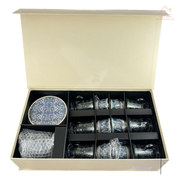 Luxury Arabic Tea and Coffee Set of 18 Pieces (6 Arabic Coffee Cups - 6 Tea Cups - 6 Saucers - Decorated Sugar Bowl) | Elegant Golden Touches | Distinctive Serving Set - Souk Al Ras