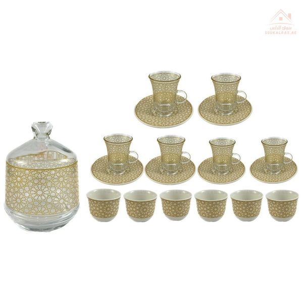 Luxury Arabic Tea and Coffee Set of 18 Pieces (6 Arabic Coffee Cups - 6 Tea Cups - 6 Saucers - Decorated Sugar Bowl) | Elegant Golden Touches | Distinctive Serving Set - Souk Al Ras