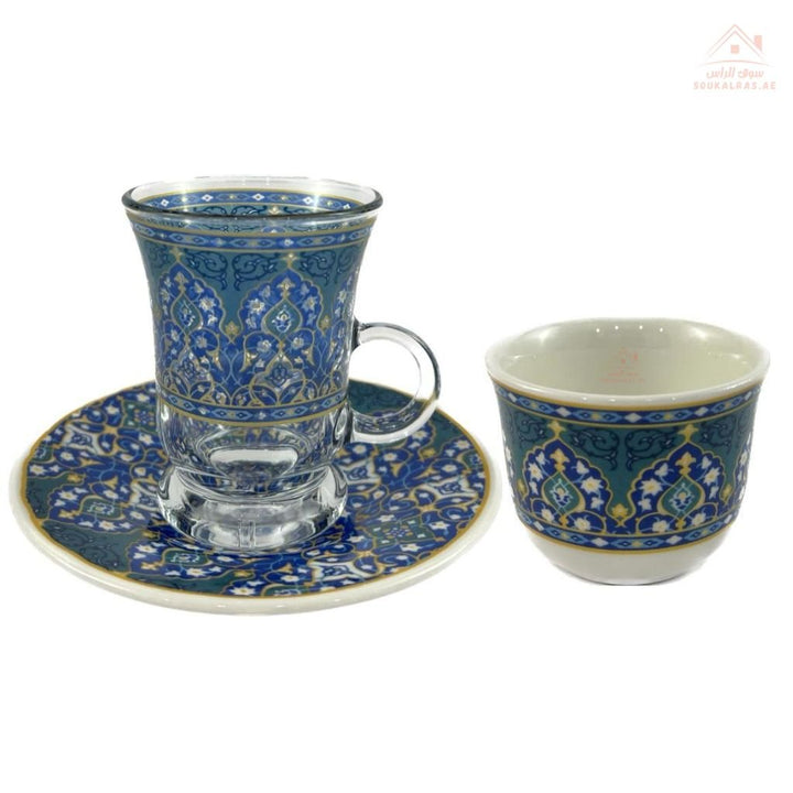 Luxury Arabic Tea and Coffee Set of 18 Pieces (6 Arabic Coffee Cups - 6 Tea Cups - 6 Saucers - Decorated Sugar Bowl) | Elegant Golden Touches | Distinctive Serving Set - Souk Al Ras