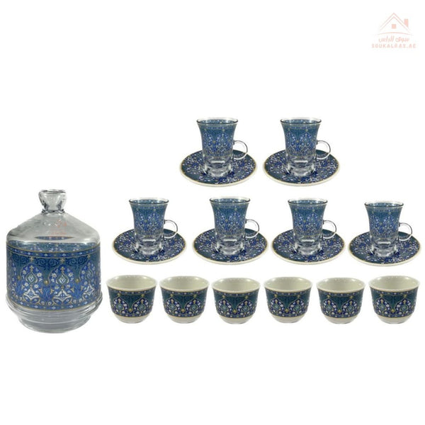 Luxury Arabic Tea and Coffee Set of 18 Pieces (6 Arabic Coffee Cups - 6 Tea Cups - 6 Saucers - Decorated Sugar Bowl) | Elegant Golden Touches | Distinctive Serving Set - Souk Al Ras