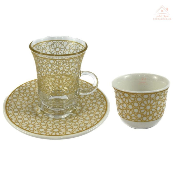 Luxury Arabic Tea and Coffee Set of 18 Pieces (6 Arabic Coffee Cups - 6 Tea Cups - 6 Saucers - Decorated Sugar Bowl) | Elegant Golden Touches | Distinctive Serving Set - Souk Al Ras