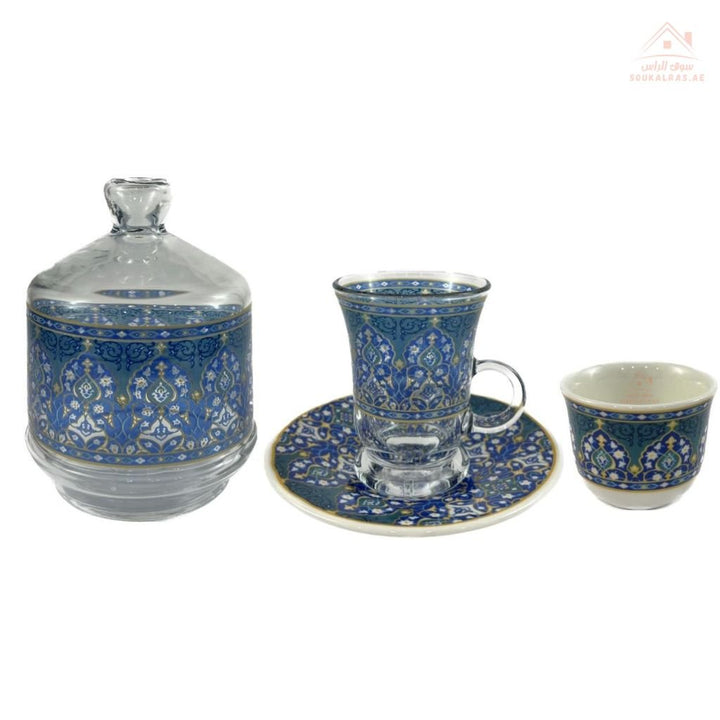 Luxury Arabic Tea and Coffee Set of 18 Pieces (6 Arabic Coffee Cups - 6 Tea Cups - 6 Saucers - Decorated Sugar Bowl) | Elegant Golden Touches | Distinctive Serving Set - Souk Al Ras