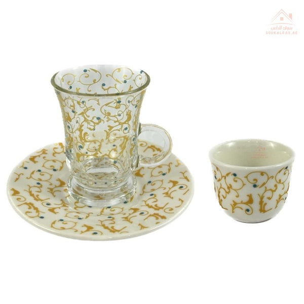 Luxury Arabic Tea and Coffee Set of 18 Pieces (6 Arabic Coffee Cups - 6 Tea Cups - 6 Saucers - Decorated Sugar Bowl) | Elegant Golden Touches | Distinctive Serving Set - Souk Al Ras