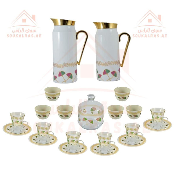 Luxury Arabic Tea and Coffee Set of 20 Pieces (2 Dallahs - 6 Arabic Coffee Cups - 6 Tea Cups - 6 Saucers - Decorated Sugar Bowl) | Elegant Golden Touches | Distinctive Serving Set. - Souk Al Ras